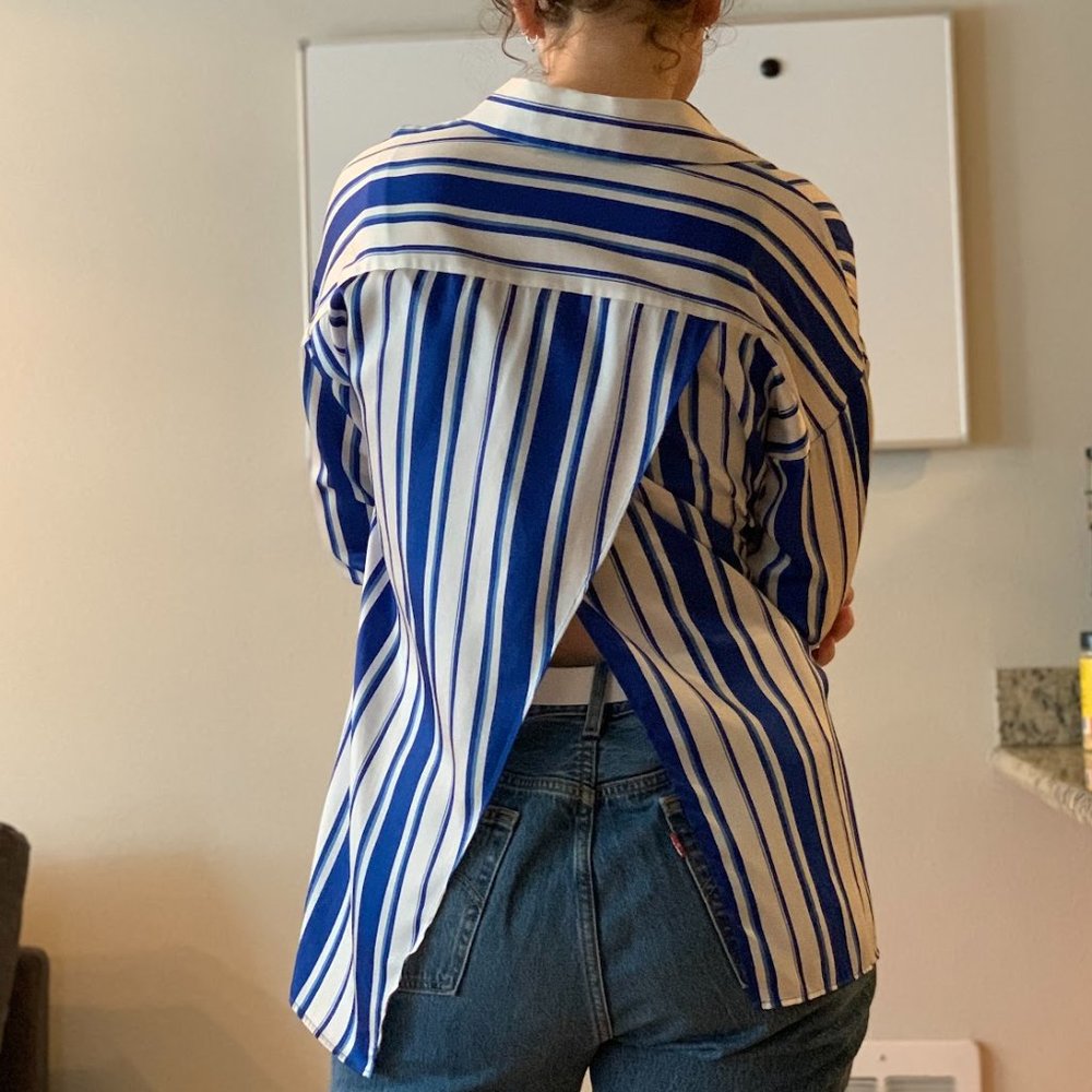 Zara blue and white stripe button-down top with subtle open back detail